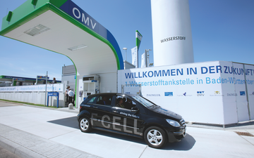 A fuel-cell car at a hydrogen fueling station